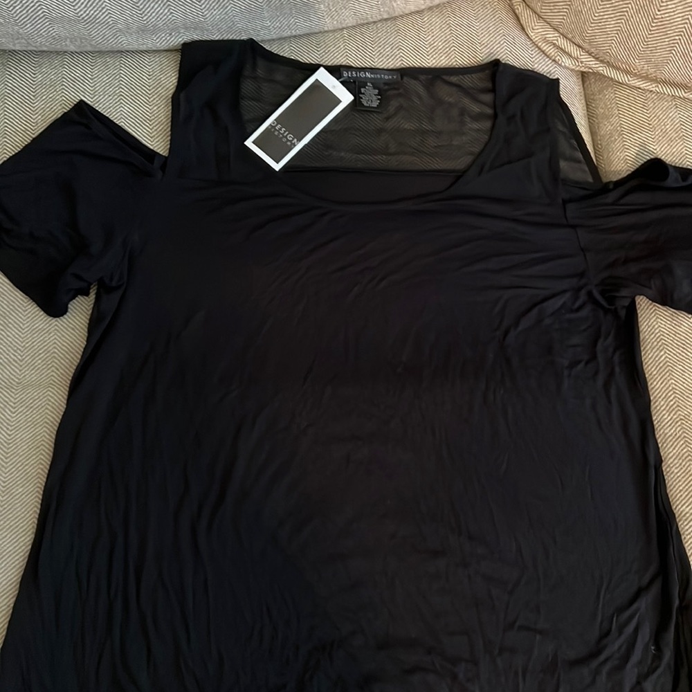 Design History. Cold shoulder mesh detail top